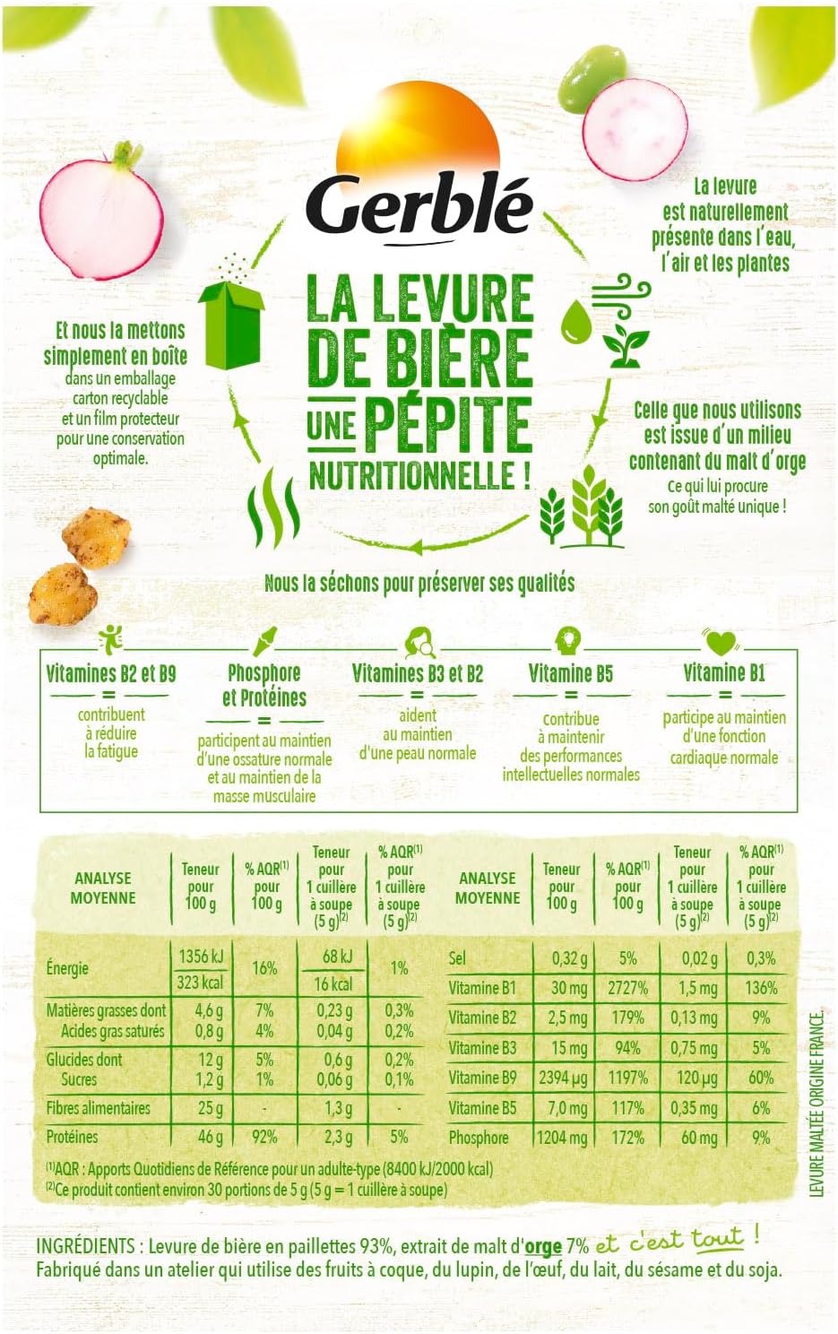 GERBLÉ – Levure de Bière à Saupoudrer – Super -Aliment Riche en Protéines, Phosphore et Vitamines B1, B2, B9 – Goût Léger de Malt – Nutri-Score A – Idéal Plats Salés ou Sucrés - 150 g