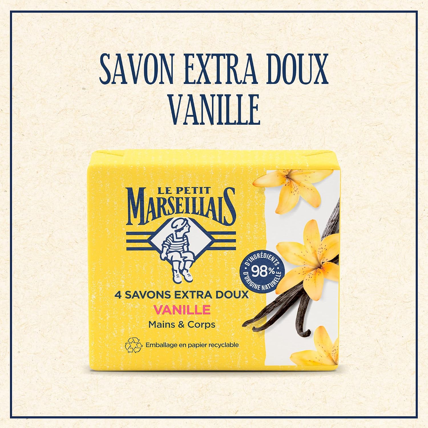 Savon Extra Doux Vanille, lot de 4 pains de 100 g - Savon solide mains & corps avec 98 % d'ingrédients d'origine naturelle, Emballage en papier recyclable Vanille 400 g (Lot de 1)
