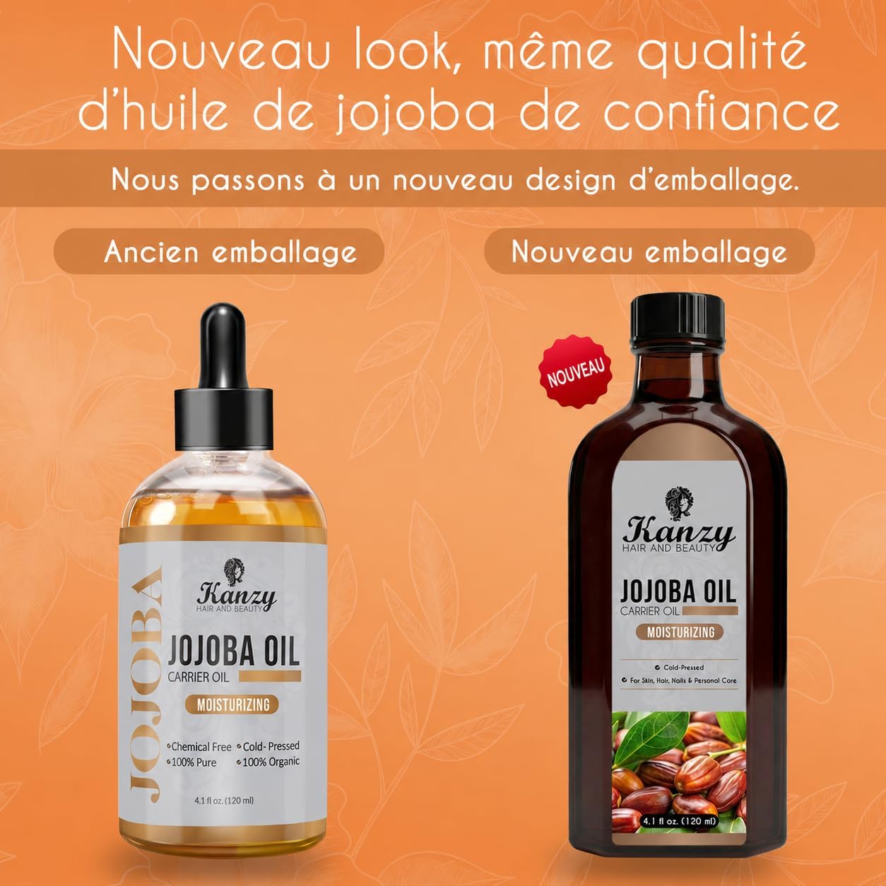 Huile de jojoba Kanzy, 100% pure, pressée à froid, 120 ml, huile végétale non raffinée sans hexane pour les cheveux, les ongles, le corps, la peau et le visage - Huile de jojoba 120 ml (Lot de 1)