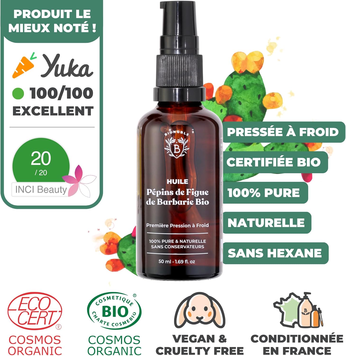Huile de Pépin de Figue de Barbarie Bio - Anti-Âge, Visage - 50ml - 100% Pure et d'Origine Naturelle, Pressée à Froid, Sans Hexane - Diminue Rides, Cernes et Poches - Flacon Verre, Pompe Pépins de Figue de Barbarie 50 ml (Lot de 1)