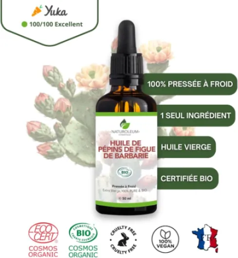Huile de Pépins de Figue de Barbarie Bio 100% Pure, Pression à Froid, Anti âge, Régénérante, Rides Peau Mature, Riche en Vitamine E, Visage, Flacon Verre Pipette 50 ml 50 ml (Lot de 1)