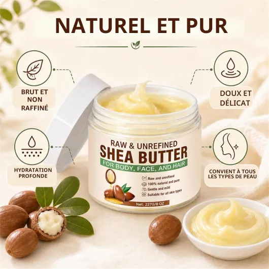 Beurre de Karité, 227gBeurre de Karité Bio Naturel pour le Corps, le Visage et les Cheveux, Hydratation Intense et Réparation, Riche en Vitamines A, E, F