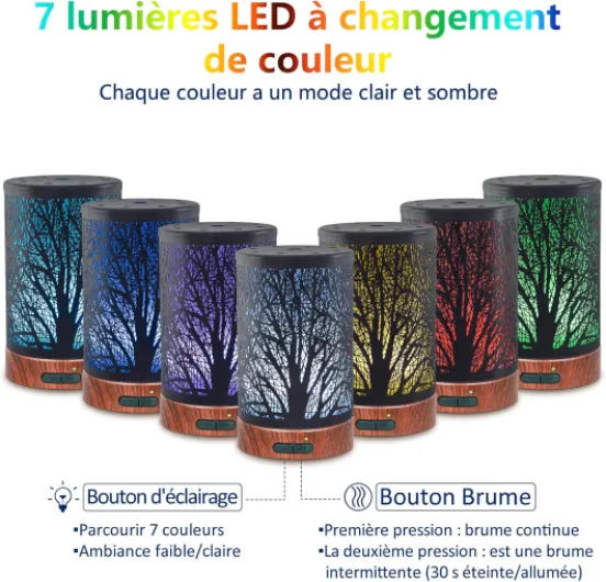 Diffuseur d'Huiles Essentielles Ultrasonique Aromathérapie Electrique en Métal avec 7-Couleurs Changeantes, Minuterie et Arrêt Automatique pour Chambre Salon Spa Yoga Massage - 150ML Arbre