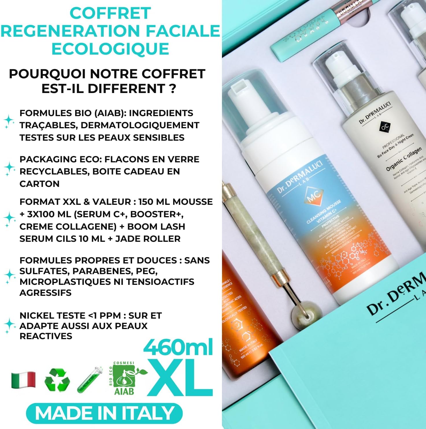 Dr - Dermaluci Lab - Coffret Cadeau Femme/Homme Anniversaire BIO 460ml - Anti-Age, Hydratant, Eclat - Mousse + Serum Vitamine C + Booster + Creme Collagene + Rouleau Jade + Serum Cils - Made in Italy