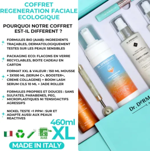 Dr - Dermaluci Lab - Coffret Cadeau Femme/Homme Anniversaire BIO 460ml - Anti-Age, Hydratant, Eclat - Mousse + Serum Vitamine C + Booster + Creme Collagene + Rouleau Jade + Serum Cils - Made in Italy